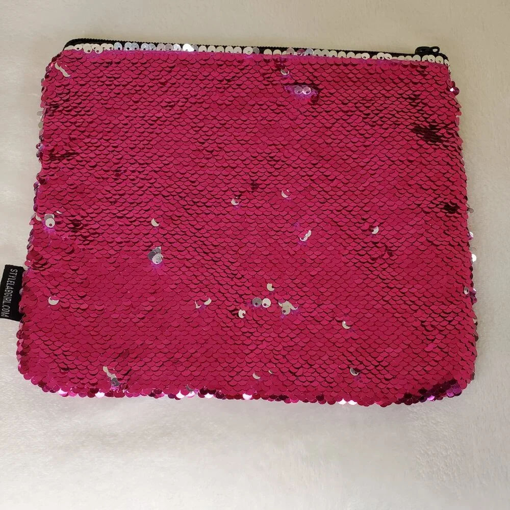 Sequin Makeup Bag Cosmetic Purse Reversible Pink & Silver Sequins Girl Women